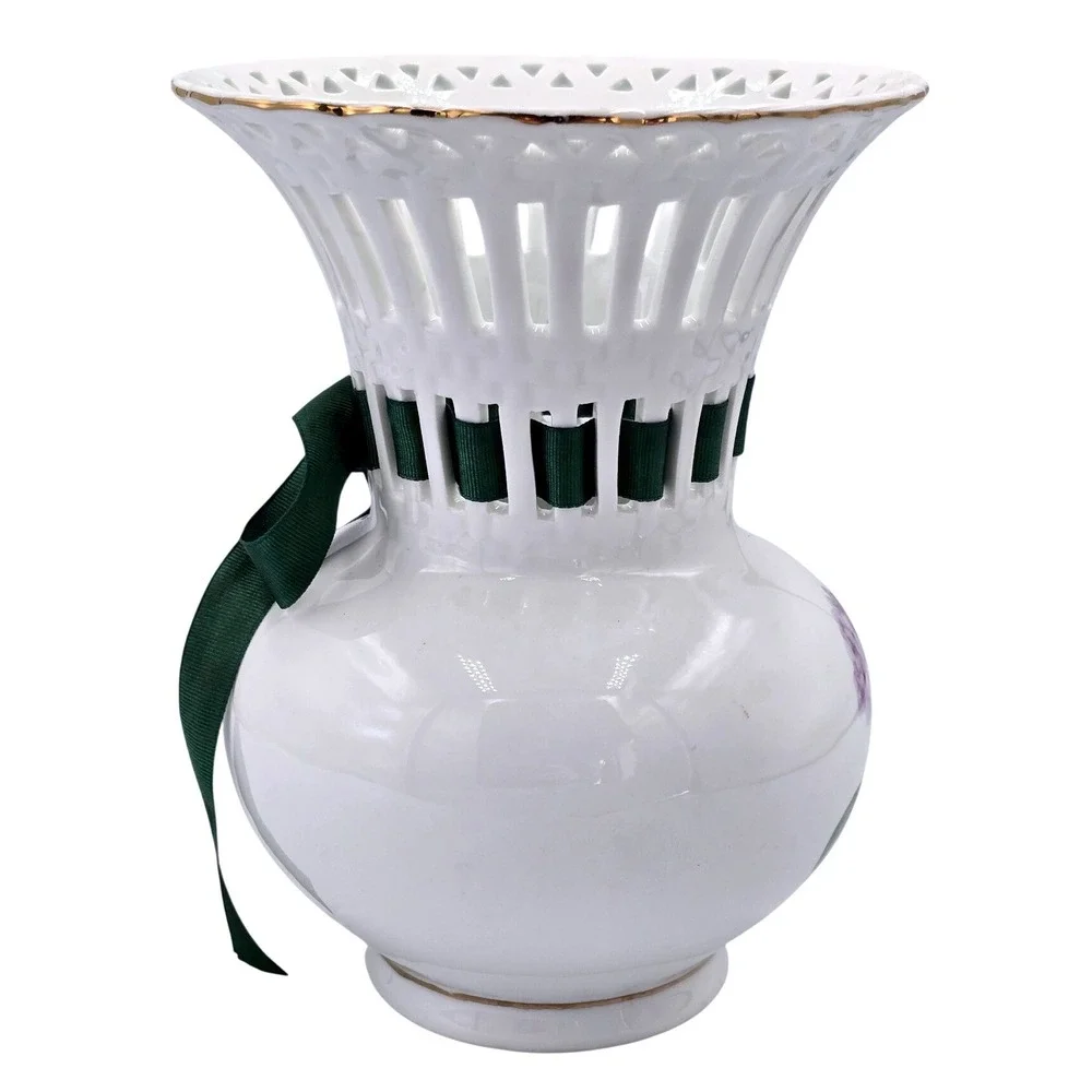 Purple Hydrangea Porcelain Flower Vase Gold‎ Trim Lattice Neck